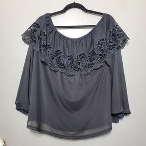 Daytrip Womens Off Shoulder Top Size XL Black Floral Lace Overlay Long Sleeve